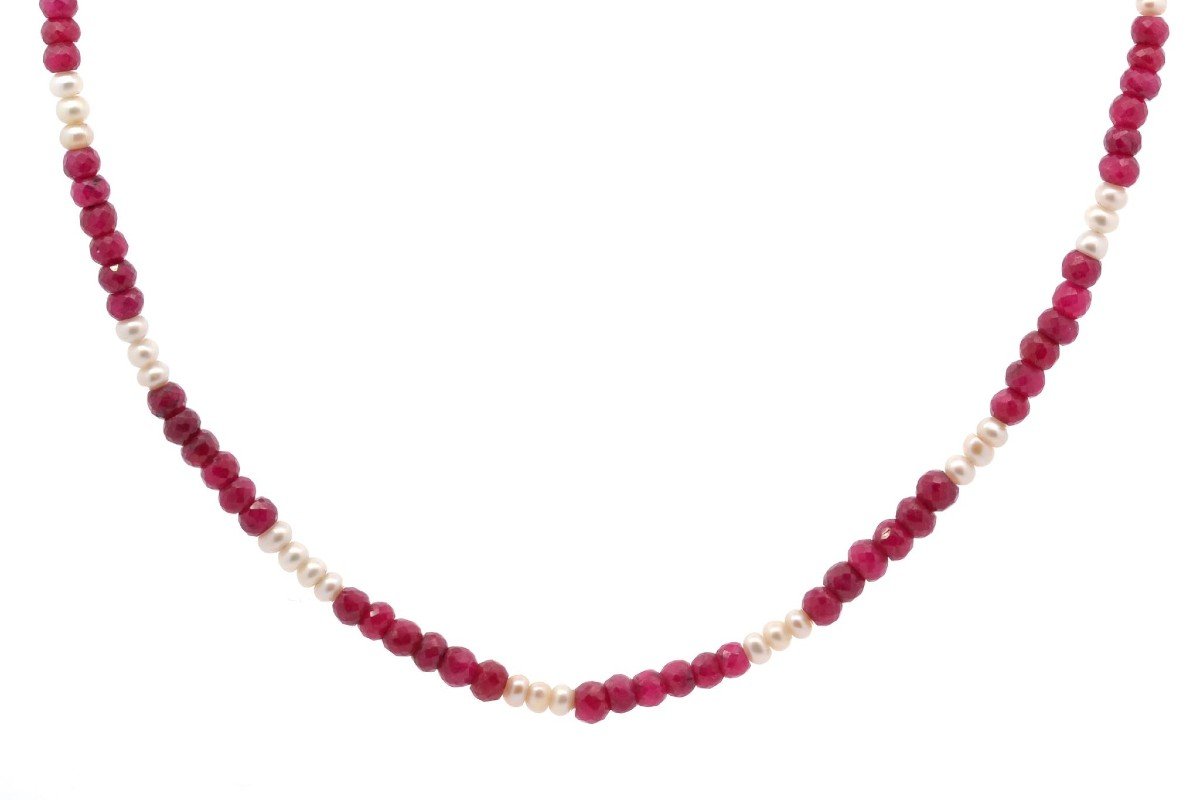 Cultured Pearl And Faceted Ruby Bead Necklace-photo-3