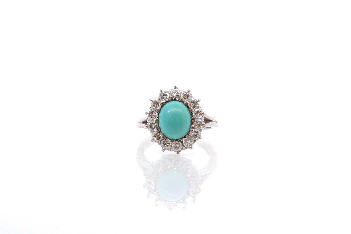 Bague Vintage Turquoise Et Diamants En Platine-photo-2