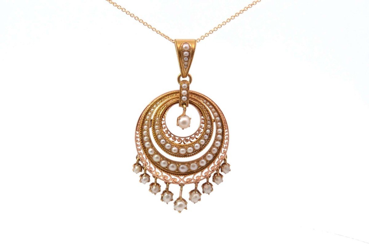 19th Century Fine Pearl Pendant Necklace In 18k Yellow Gold-photo-2