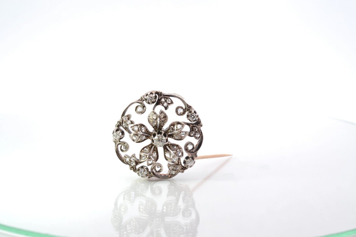 Broche 19e Sertie De Diamants Or Et Argent-photo-4