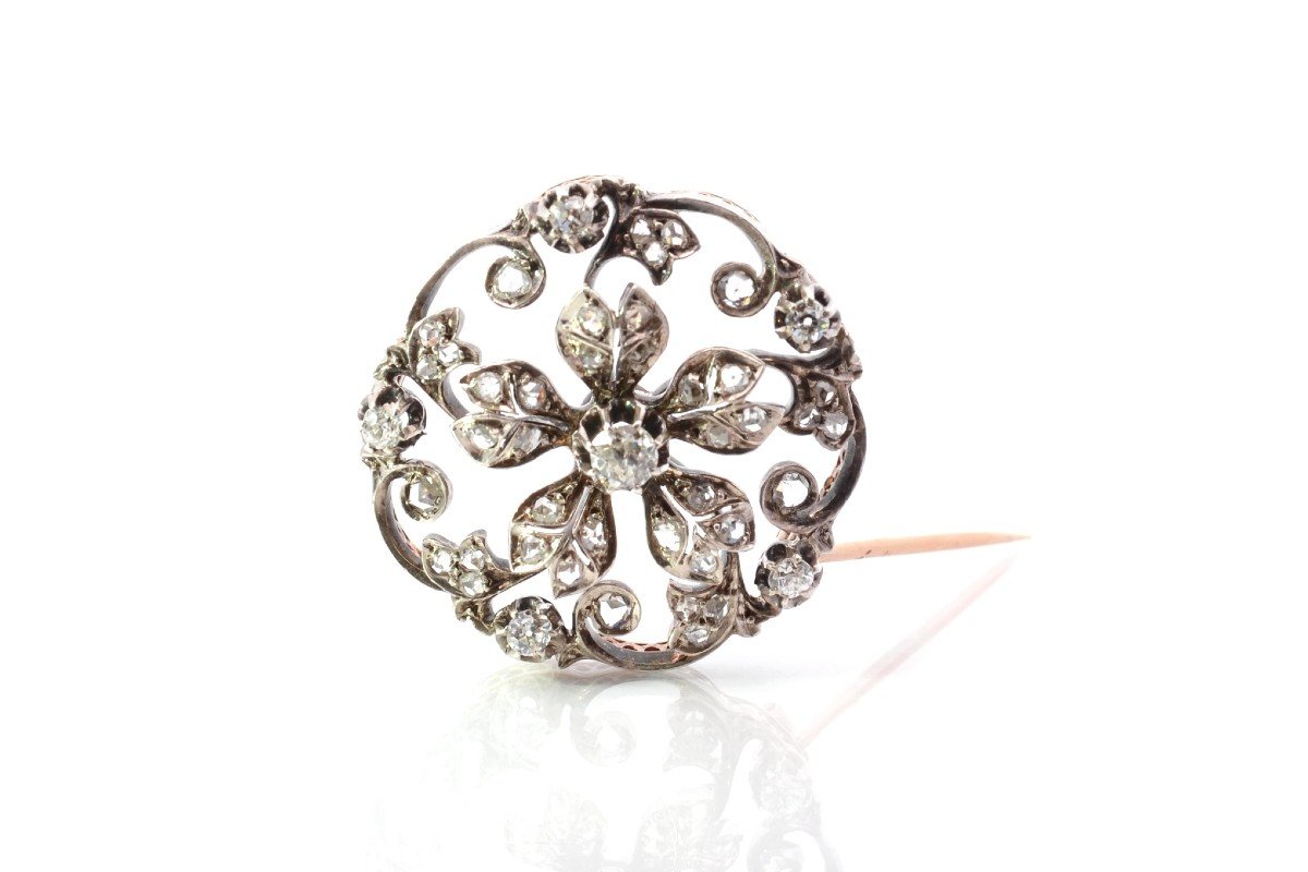 Broche 19e Sertie De Diamants Or Et Argent