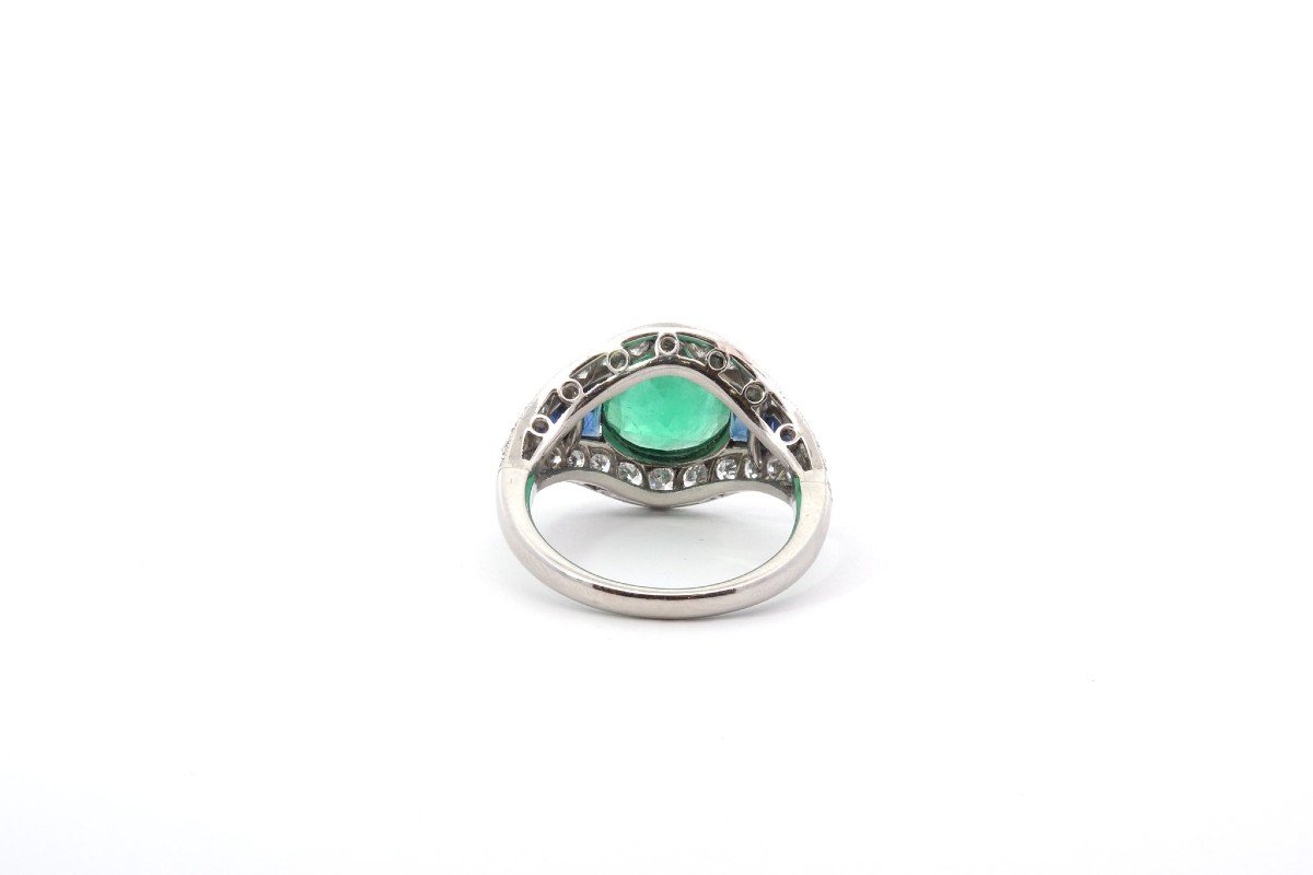 Emerald, Diamond And Sapphire Ring In Platinum-photo-1