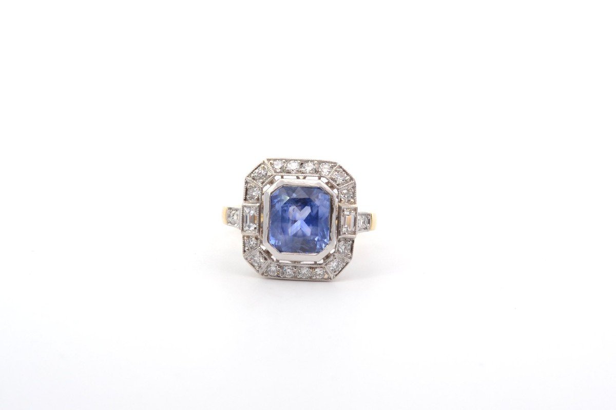 Art Deco Ring Sapphire 3.10cts And Diamonds-photo-2