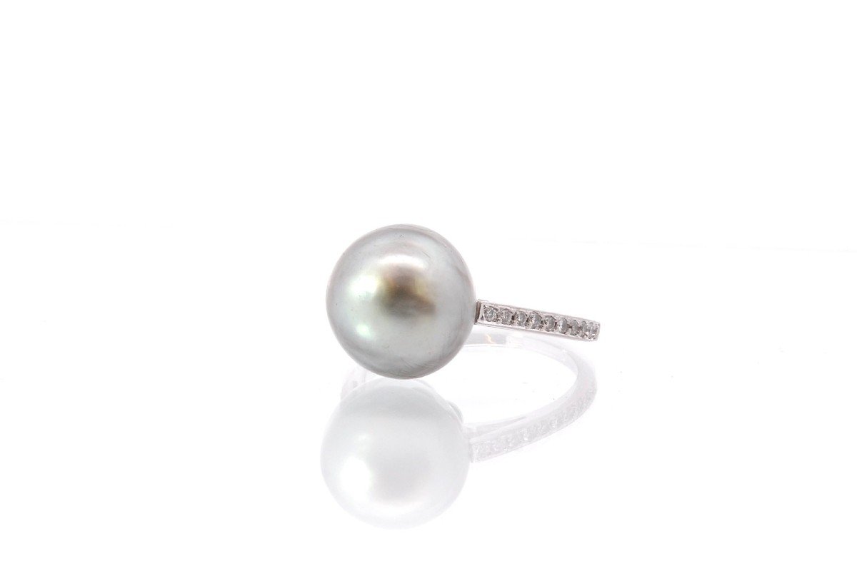 Diamond And Tahitian Pearl Ring In White Gold