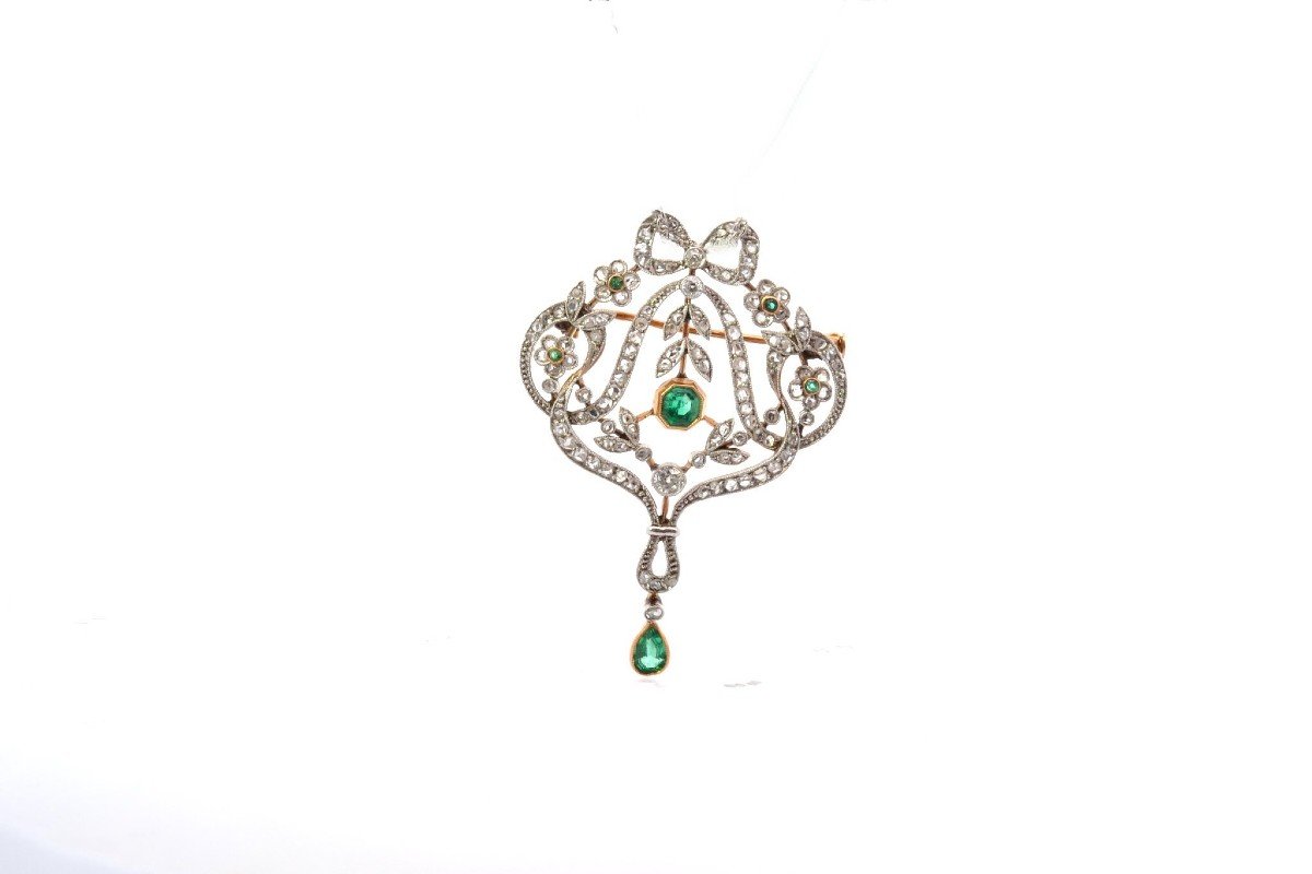 Antique 1900 Emerald And Diamond Brooch-photo-2