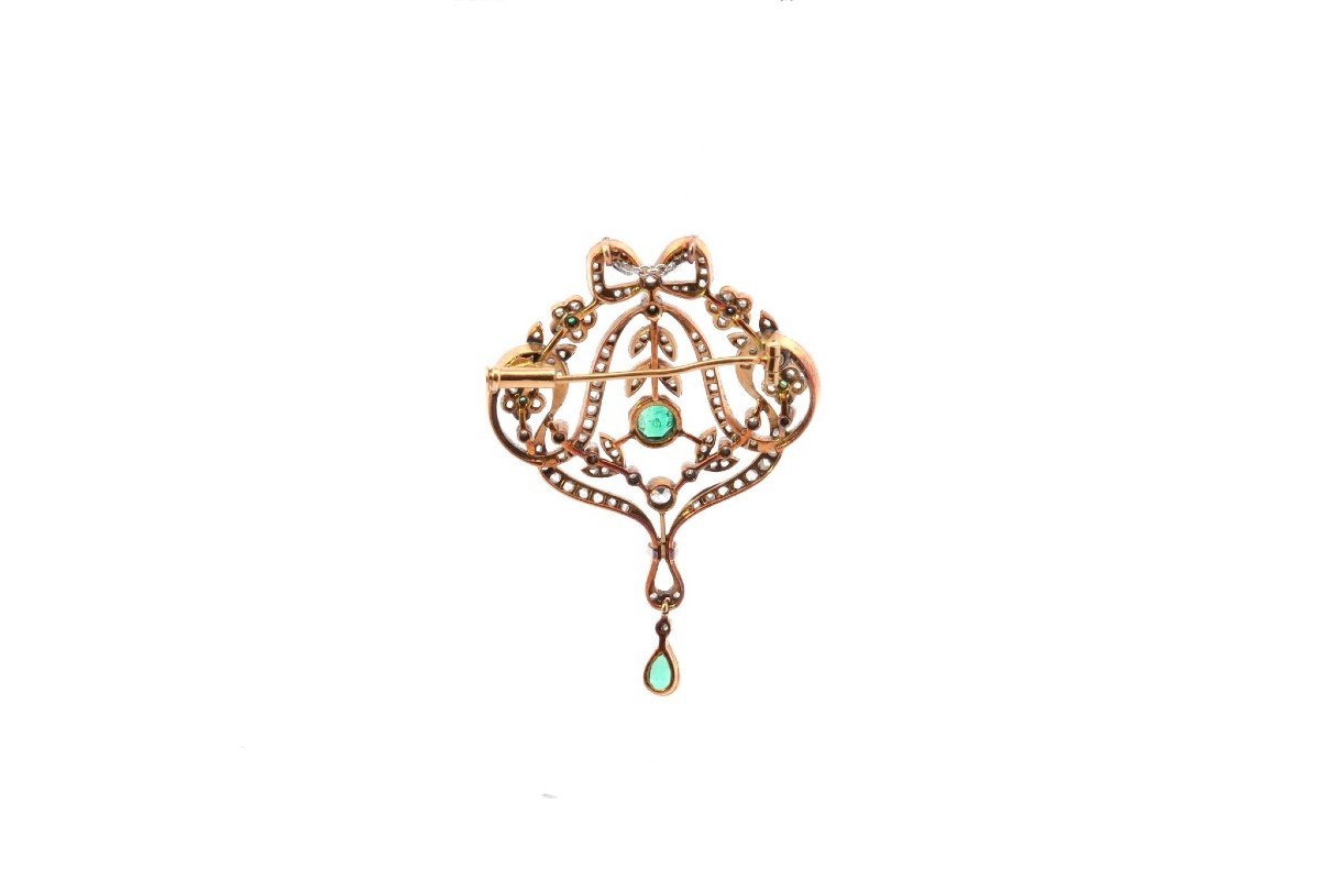 Antique 1900 Emerald And Diamond Brooch-photo-3