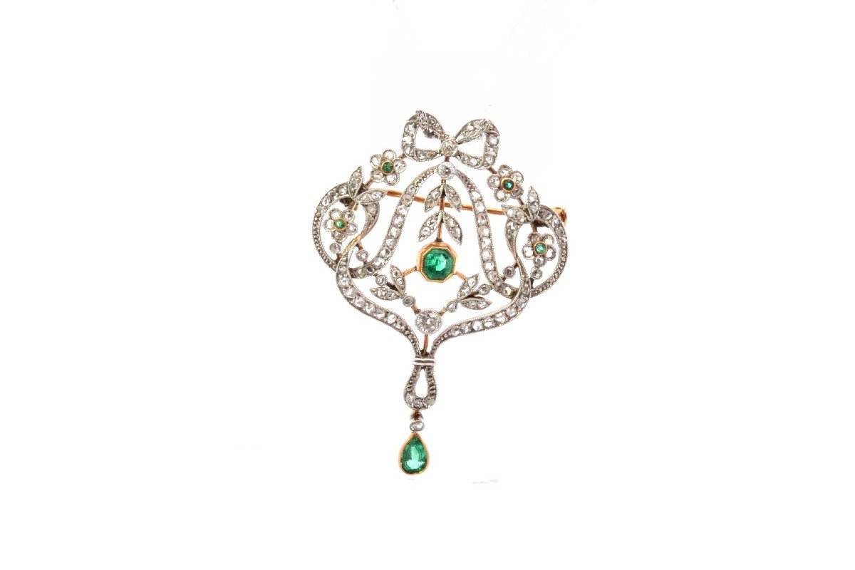 Antique 1900 Emerald And Diamond Brooch