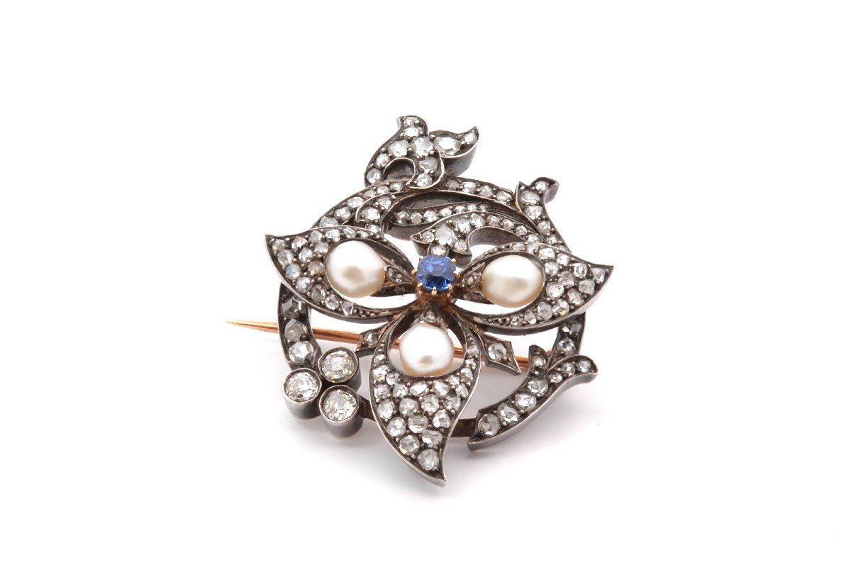 Broche 1900 Perles Fines, Saphir Et Diamants