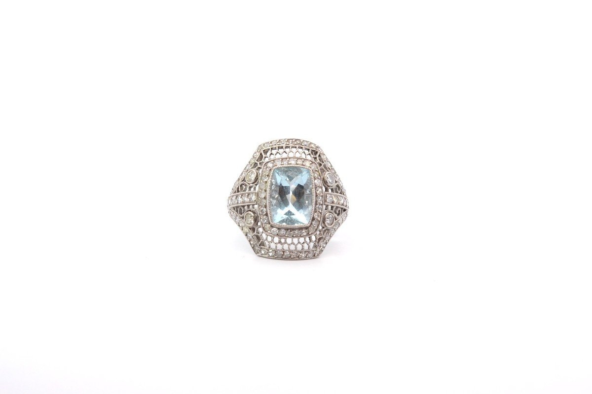 Bague Vintage Aigue-marine Et Diamants-photo-2