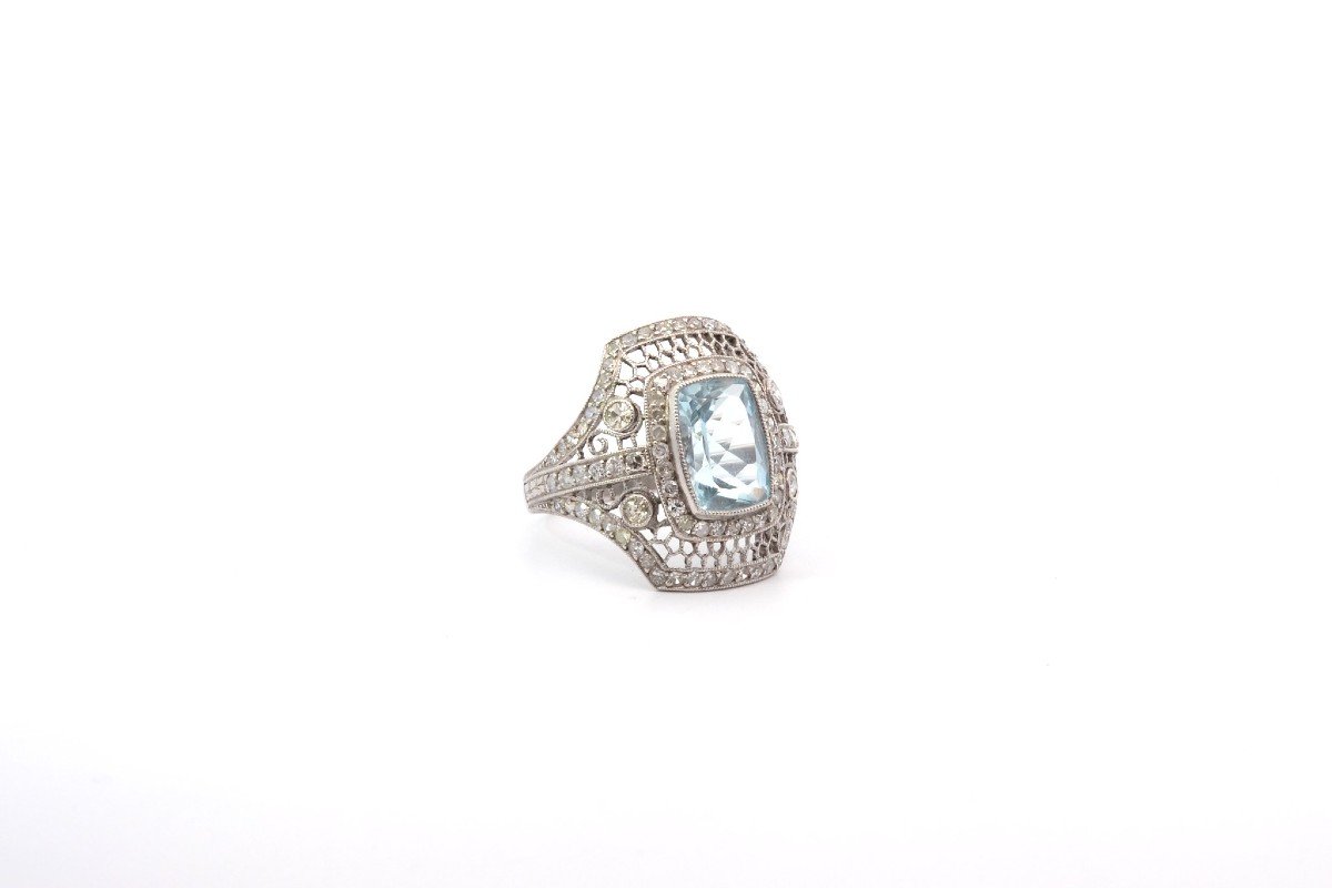 Bague Vintage Aigue-marine Et Diamants-photo-3