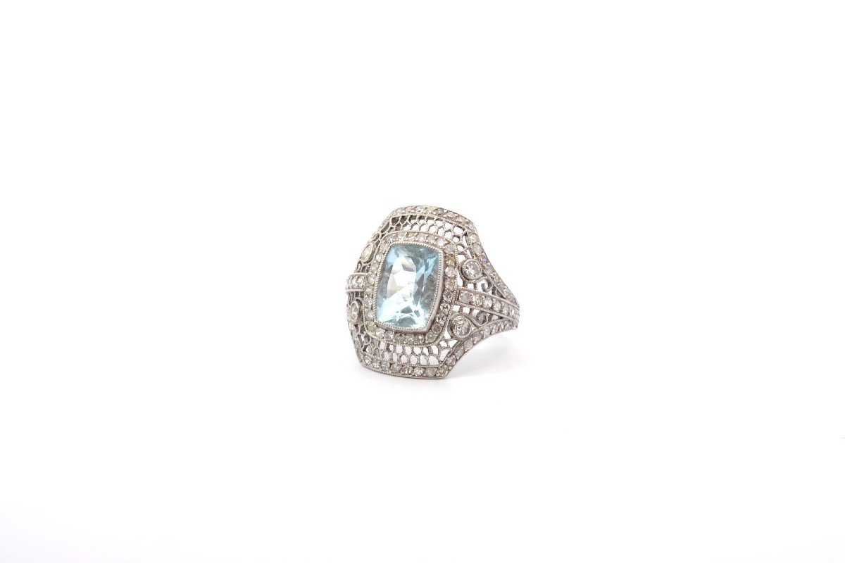 Bague Vintage Aigue-marine Et Diamants-photo-4