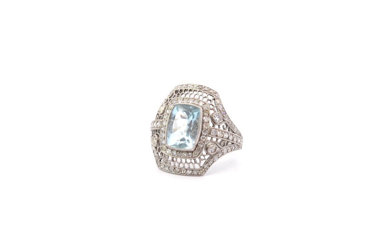 Bague Vintage Aigue-marine Et Diamants