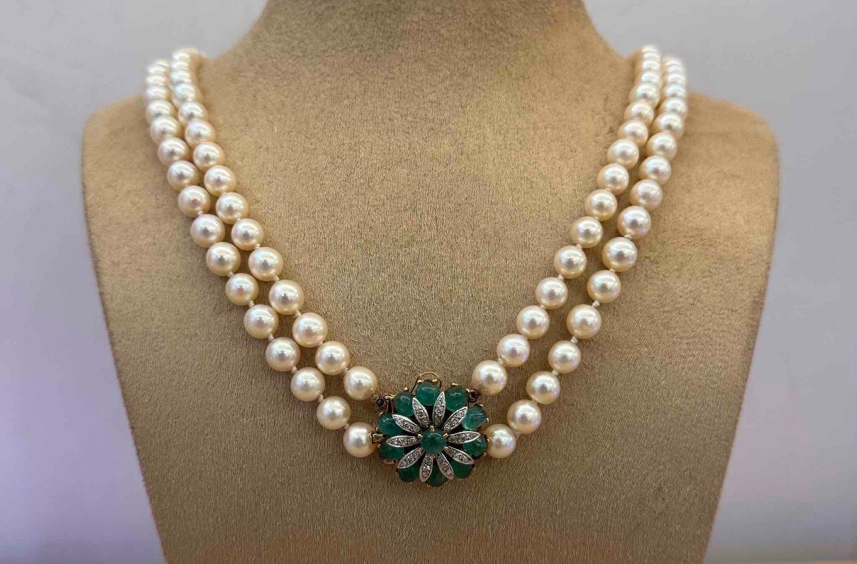 Cultured Pearl, Emerald And Diamond Necklace-photo-3