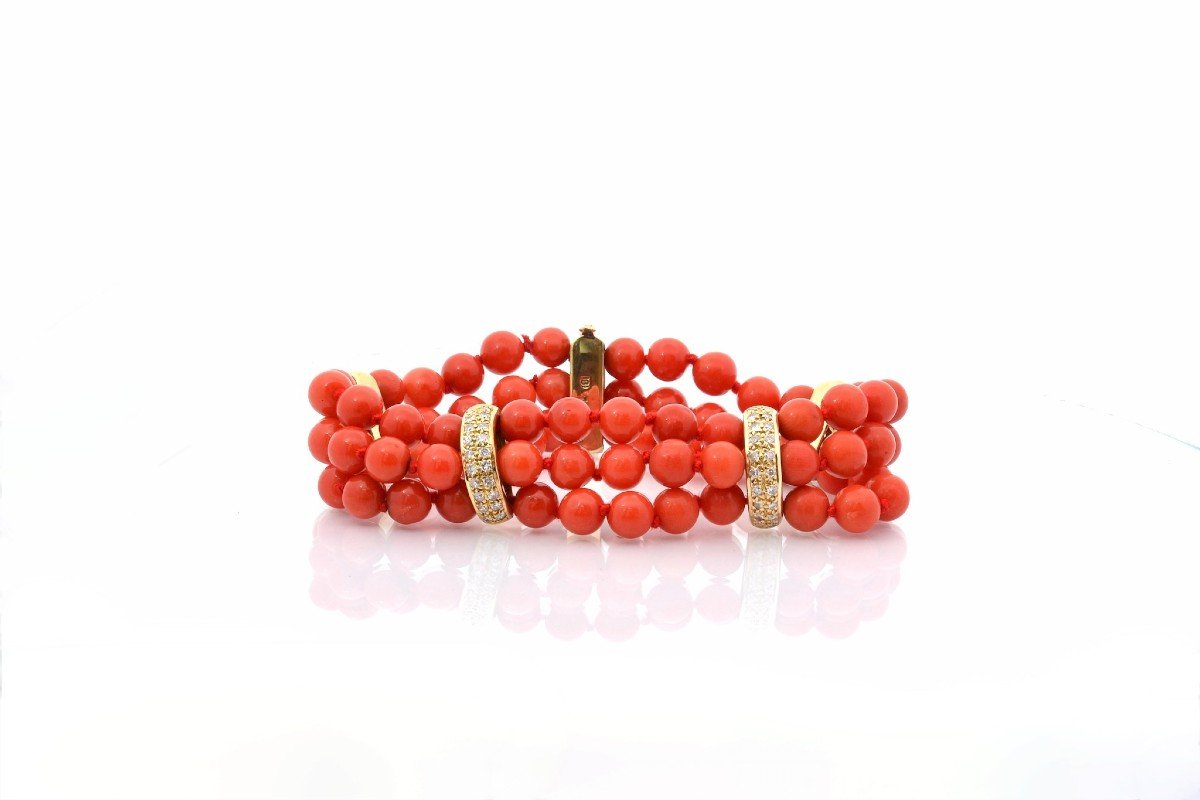 Bracelet Vintage Corail Et Diamants En Or 18k-photo-2