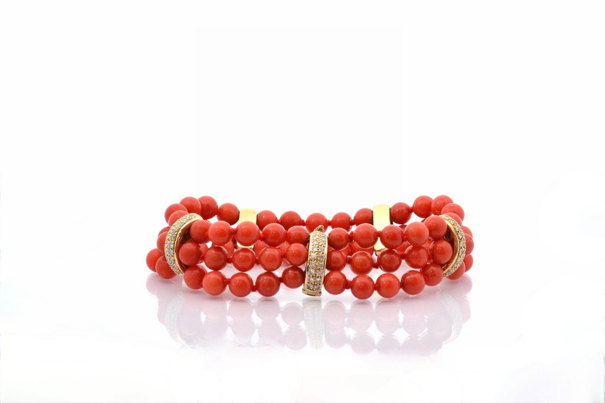 Bracelet Vintage Corail Et Diamants En Or 18k-photo-3