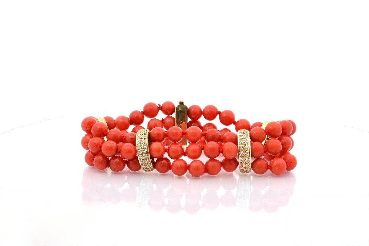 Bracelet Vintage Corail Et Diamants En Or 18k