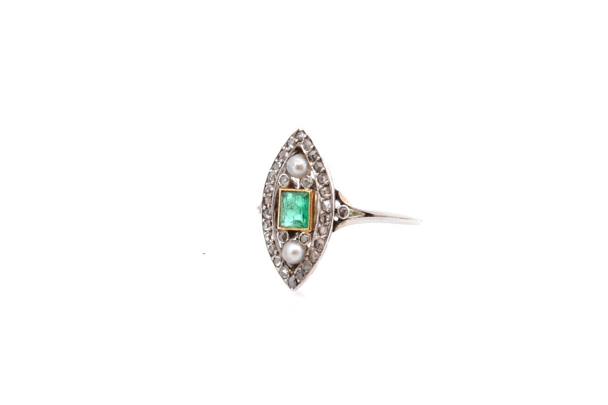 Vintage Emerald, Diamond And Pearl Ring