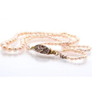 Collier Perles Fines Et Fermoir Diamants En Or 18k