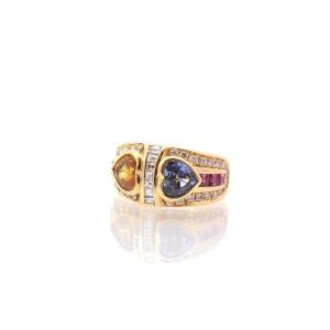 Sapphire, Diamond And Ruby Heart Ring In 18k Gold