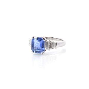 Bague Saphir De Ceylan Et Diamants Baguettes