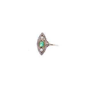 Vintage Emerald, Diamond And Pearl Ring