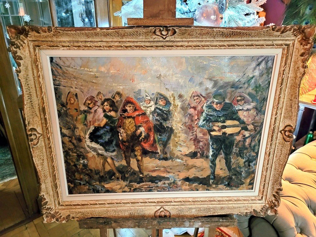 &quot; Sc&egrave;ne Carnavalesque &quot; Grande Huile sur Toile de Franes Rispoli - XXe Si&egrave;cle