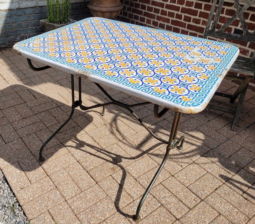  Rare Table de Jardin en fer forg&eacute; et Plaque &eacute;maill&eacute;e - Fin XIXe D&eacute;but  XXe Si&egrave;cle