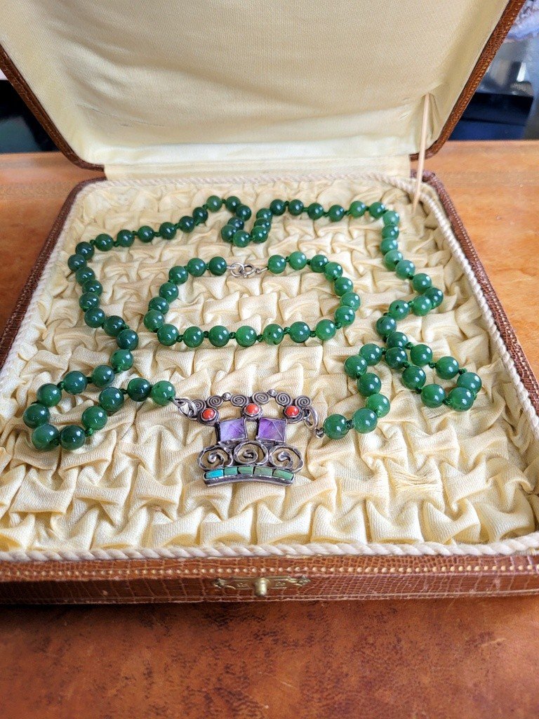 “necklace And Bracelet” Set In Jade, Silver, Amethyst And Coral In Its Box.-photo-2