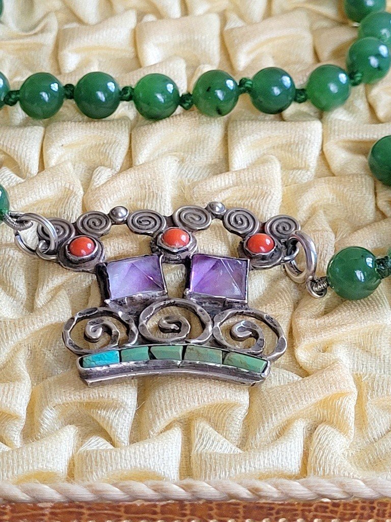 “necklace And Bracelet” Set In Jade, Silver, Amethyst And Coral In Its Box.-photo-3