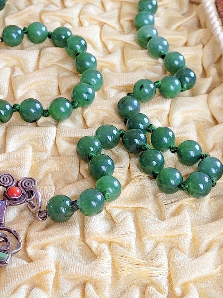 “necklace And Bracelet” Set In Jade, Silver, Amethyst And Coral In Its Box.-photo-1