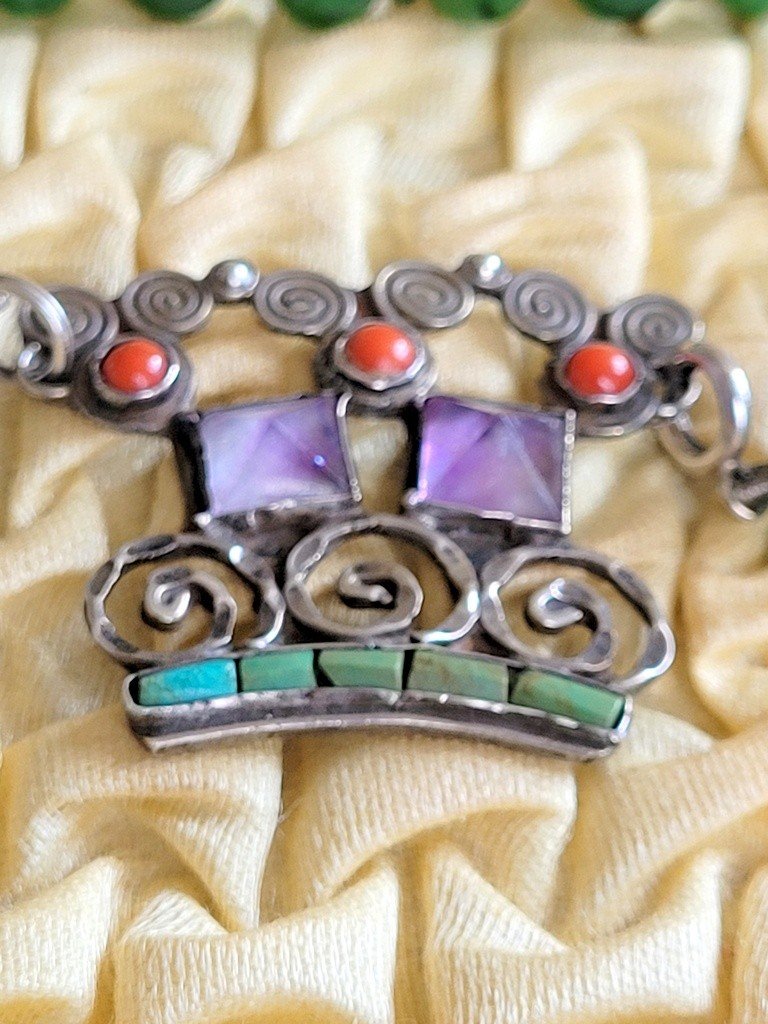 “necklace And Bracelet” Set In Jade, Silver, Amethyst And Coral In Its Box.-photo-2