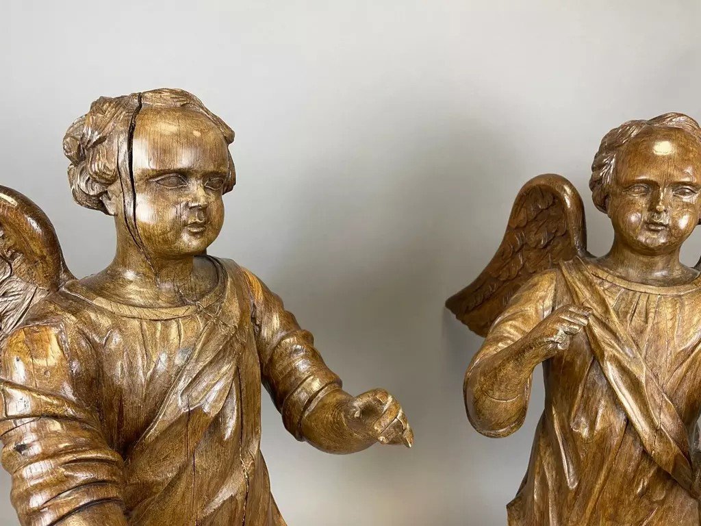 Large Pair Of Winged Angels In Carved Wood - Late 18th Century-photo-2