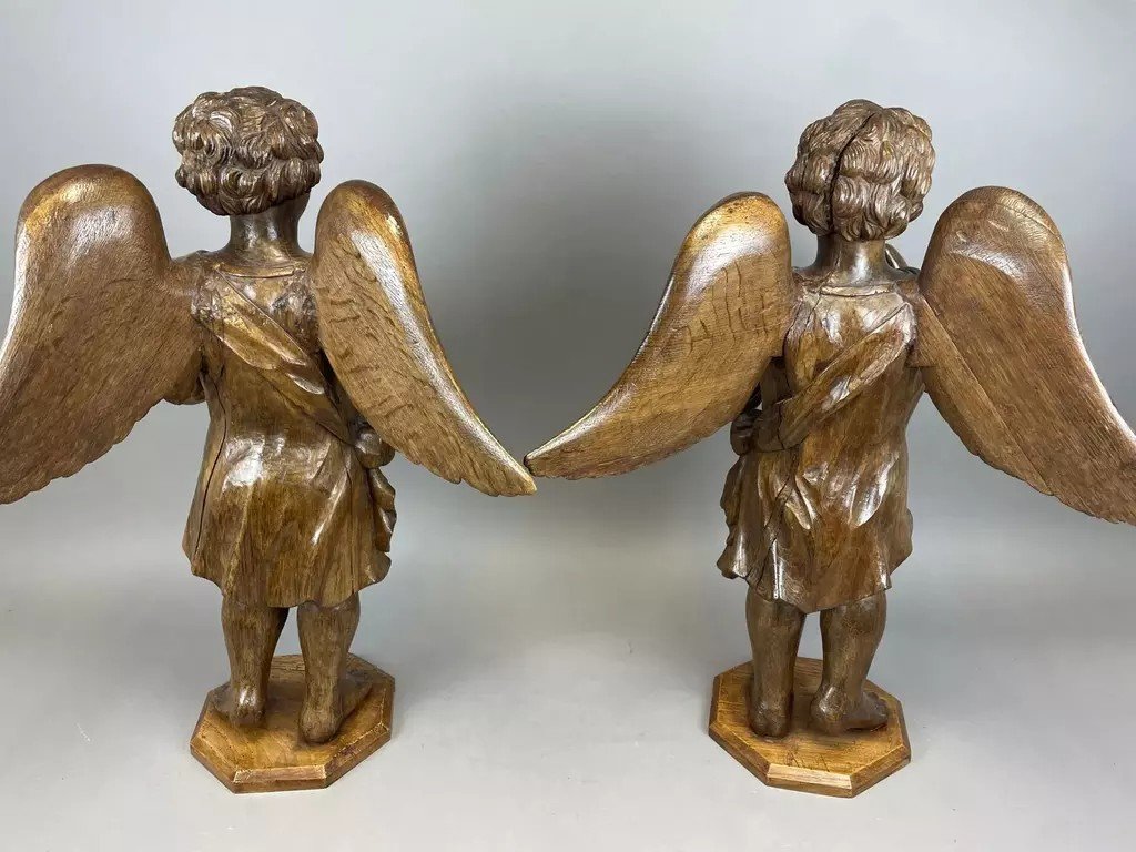 Large Pair Of Winged Angels In Carved Wood - Late 18th Century-photo-1