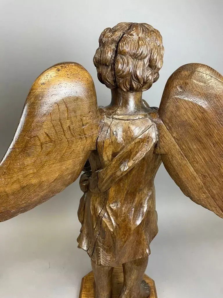 Large Pair Of Winged Angels In Carved Wood - Late 18th Century-photo-2