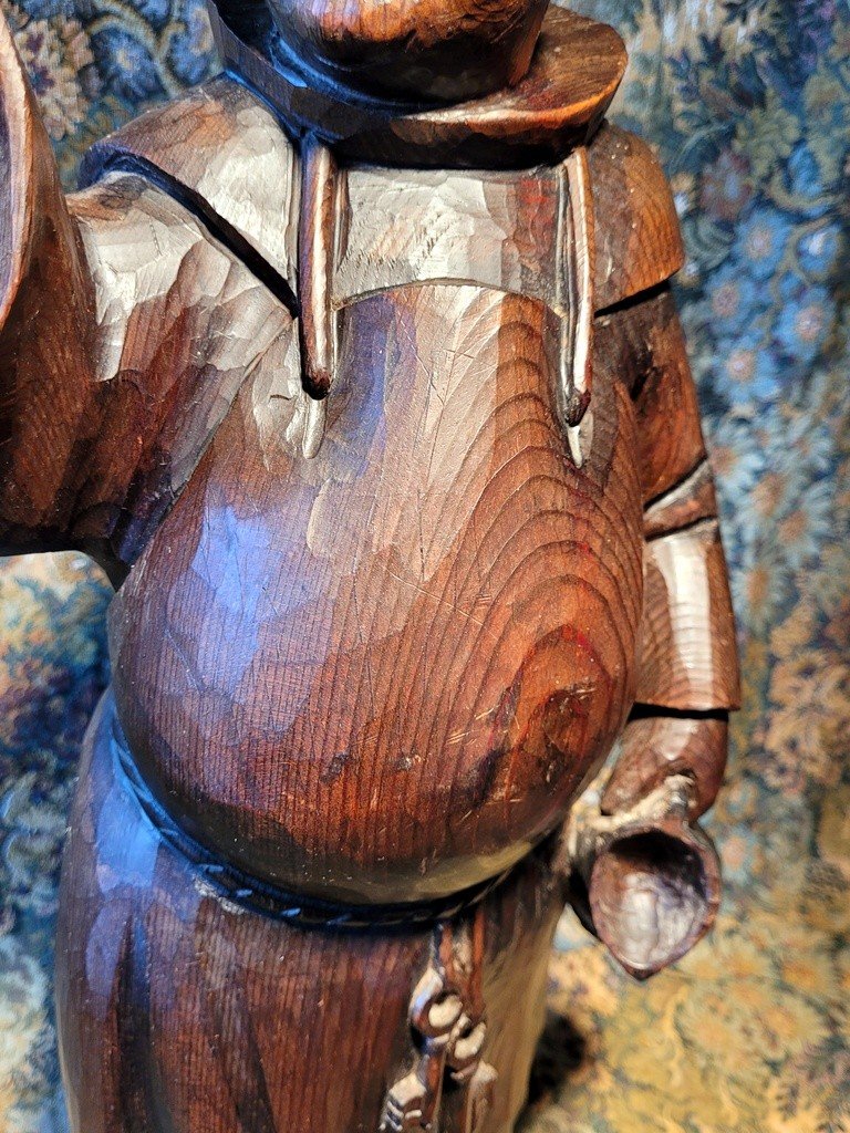 " Le Moine Buveur " Grande Sculpture en bois 52 cm  - Travail espagnol  - Début XXe Siècle -photo-1