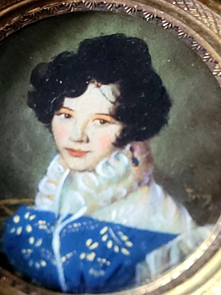 Miniature Oil On Copper "portrait Of A Lady" 19th Century -photo-3