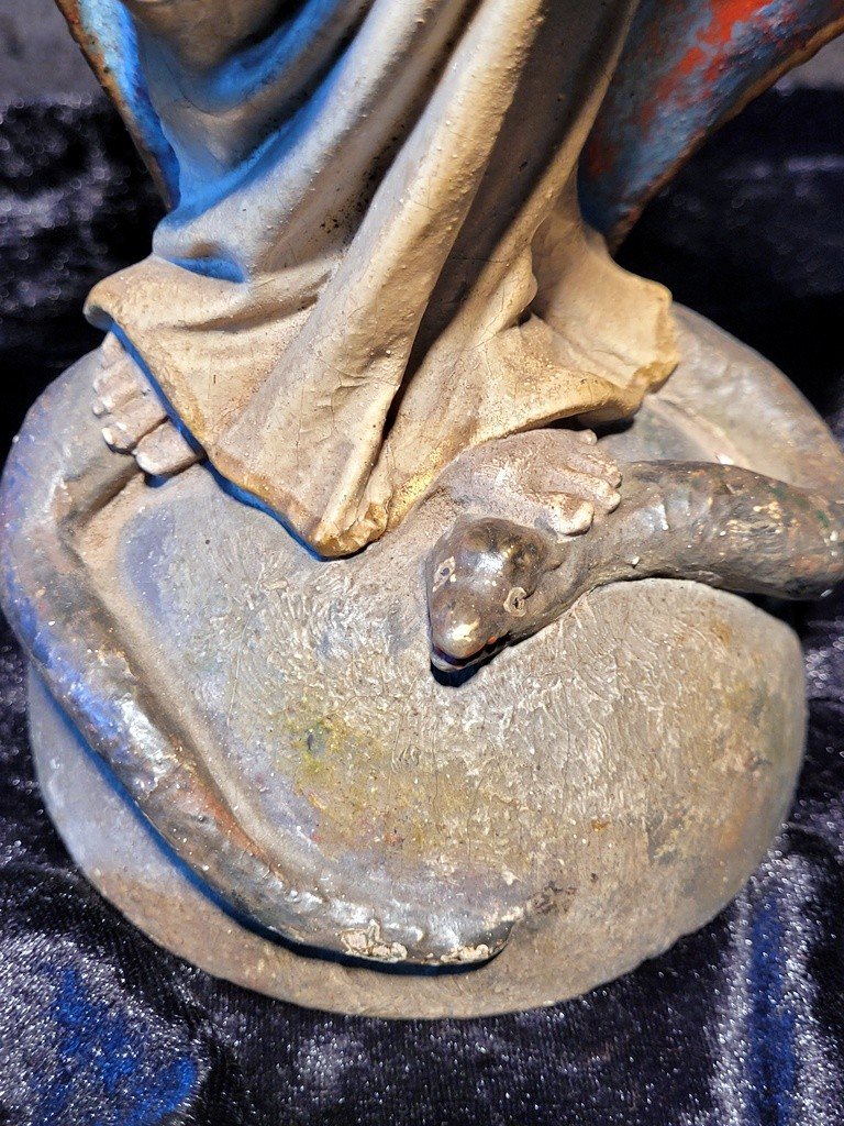  Statue &quot; Vierge au Serpent &quot; en Bois sculpt&eacute; polychrome - Ecole italienne du XVIIIe Si&egrave;cle-photo-4