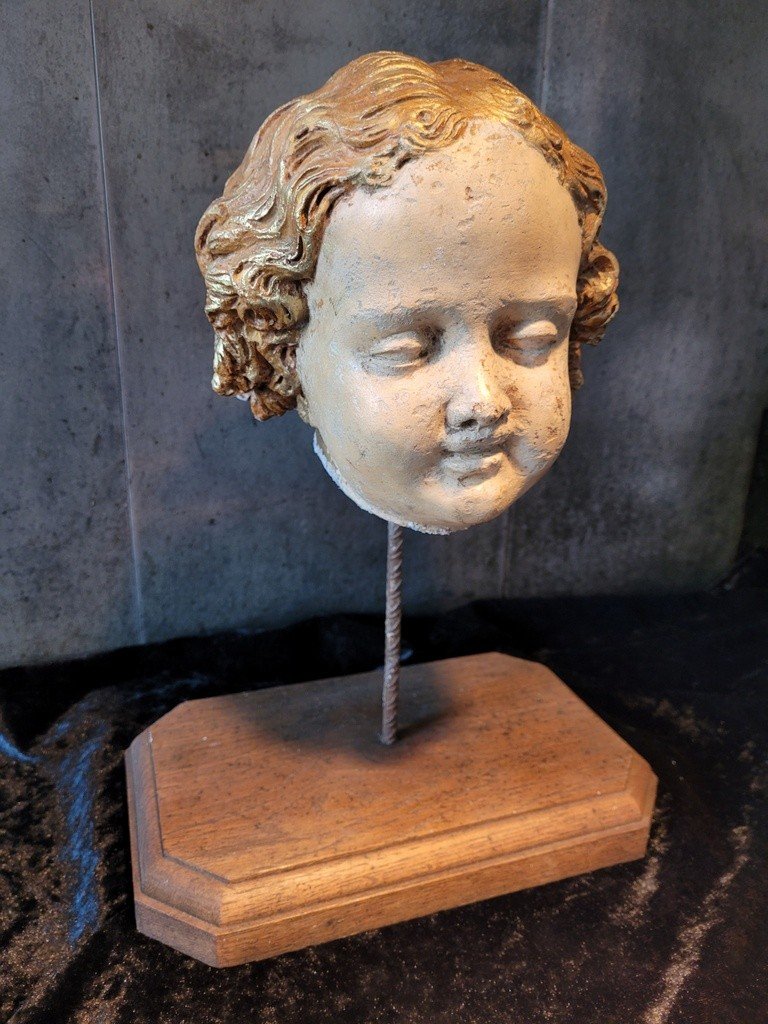 “angel Head” Sculpture In Polychrome Terracotta - Italian Work - 18th Century-photo-2