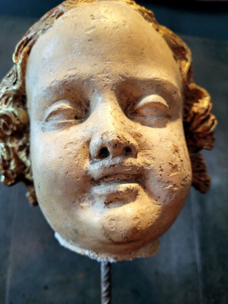 “angel Head” Sculpture In Polychrome Terracotta - Italian Work - 18th Century-photo-2