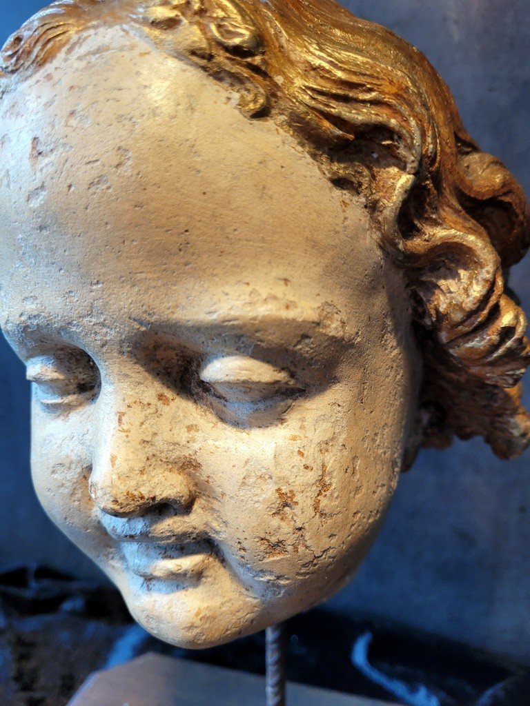 “angel Head” Sculpture In Polychrome Terracotta - Italian Work - 18th Century-photo-5