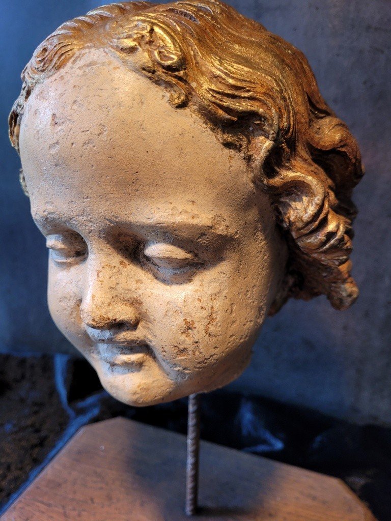 “angel Head” Sculpture In Polychrome Terracotta - Italian Work - 18th Century