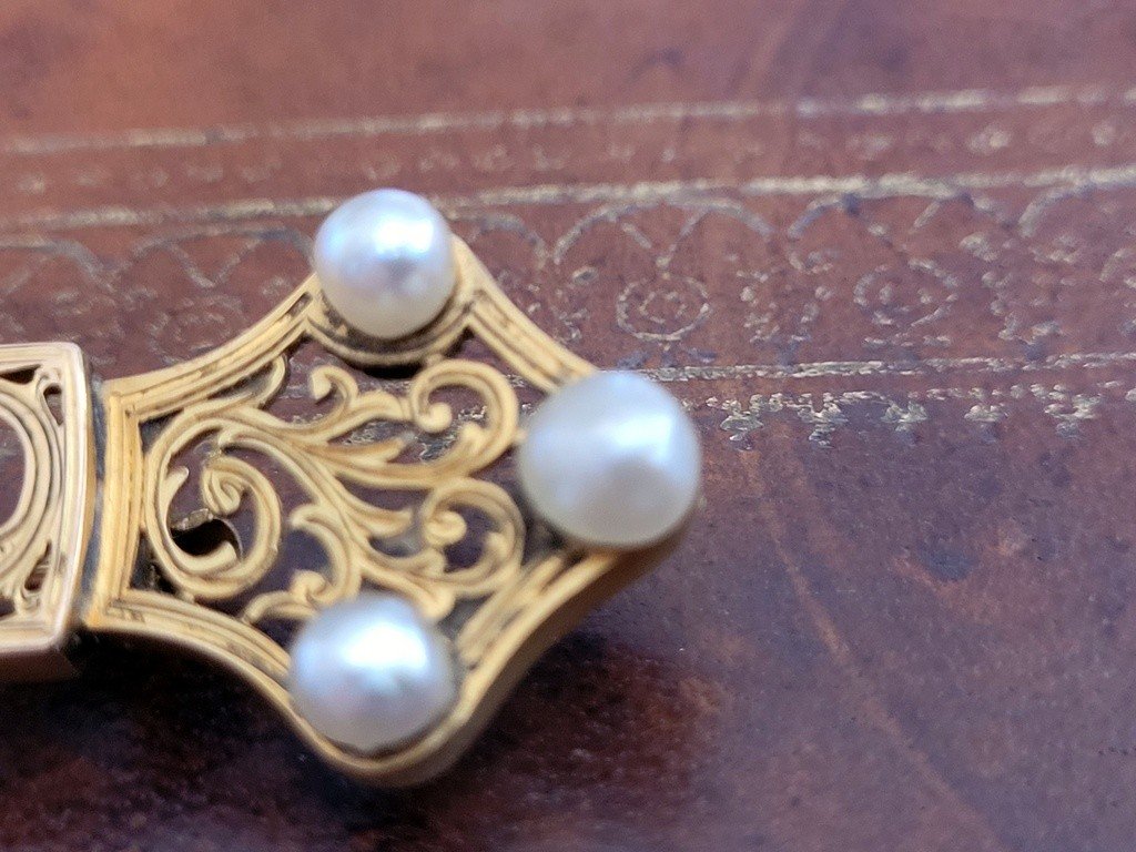  Brooch In 18 Ct Yellow Gold Decorated With 6 Pearls - 20th Century-photo-3