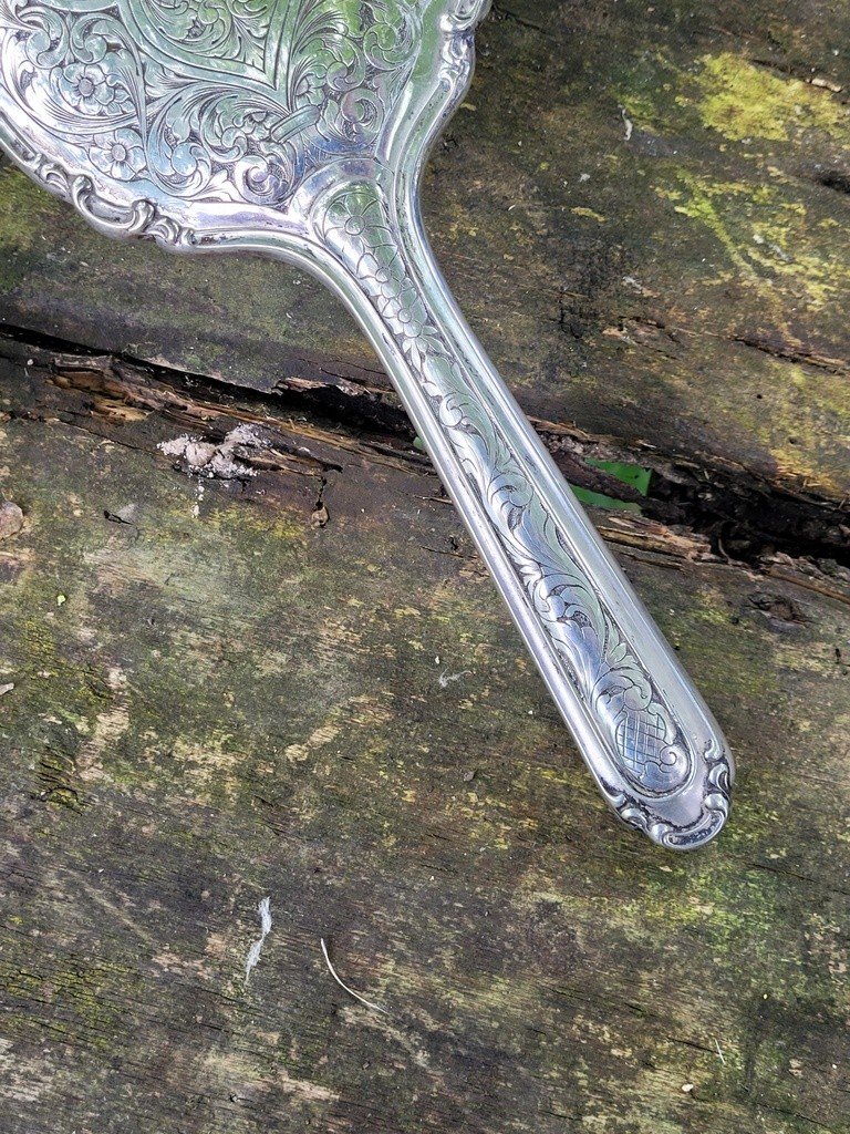  Face à Main In Sterling Silver Accompanied By Its Crystal Powder Dish - 19th Century -photo-2