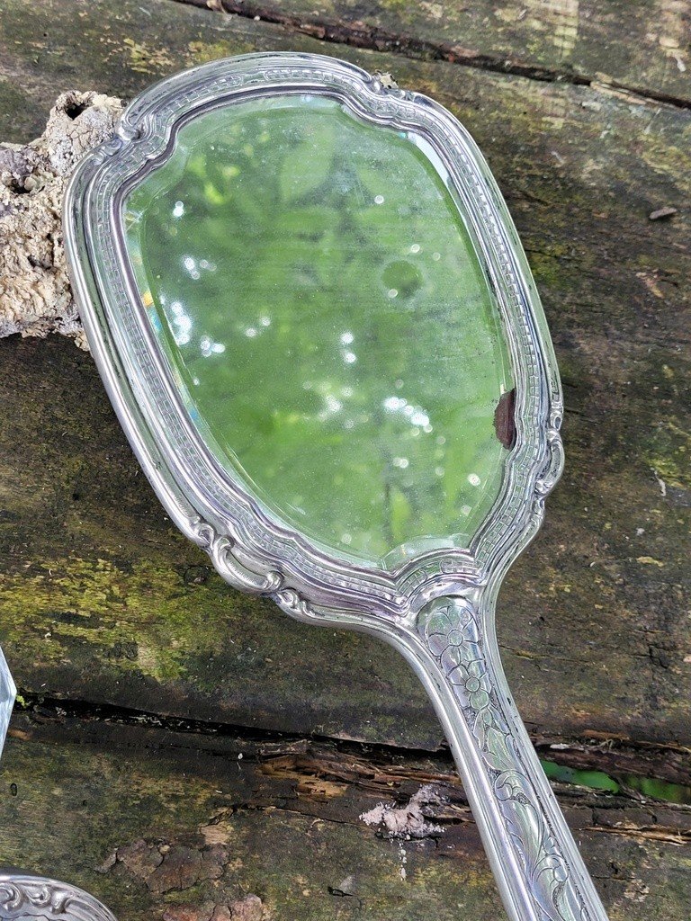  Face à Main In Sterling Silver Accompanied By Its Crystal Powder Dish - 19th Century -photo-3