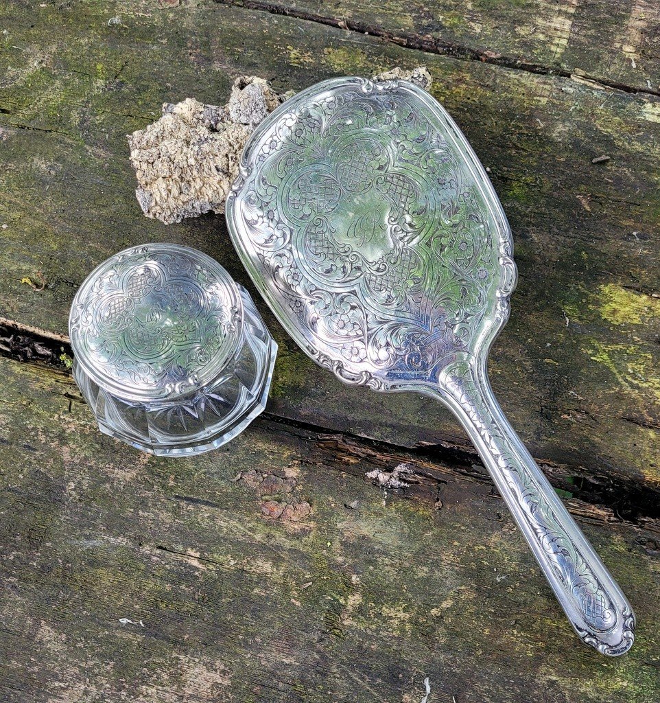  Face à Main In Sterling Silver Accompanied By Its Crystal Powder Dish - 19th Century 