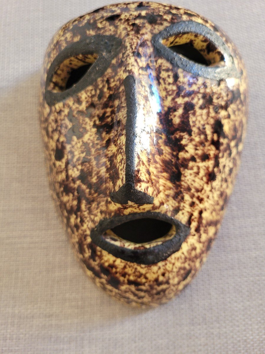Masque Africaniste en Céramique de La Manufacture d'Accolay Signée - Années 50-photo-2