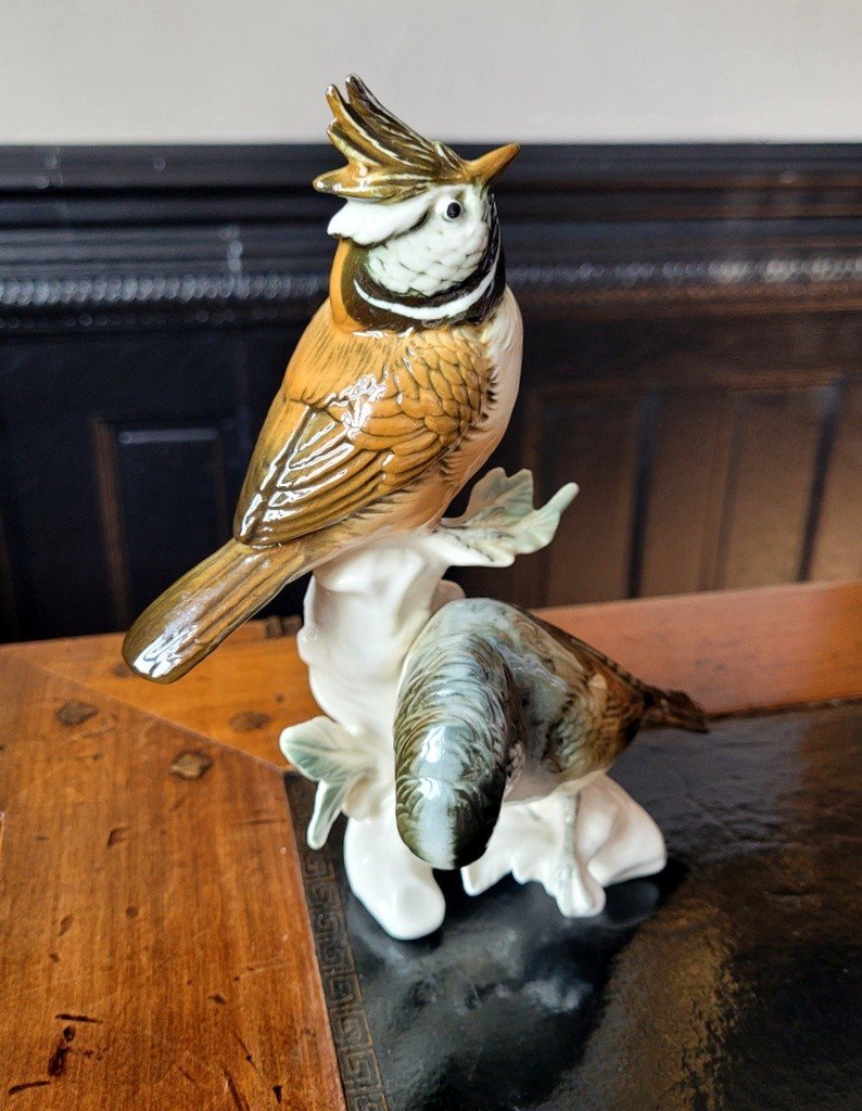 Couple  de Mésanges Huppées en Porcelaine Signée Karl Ens - XXe Siècle-photo-2