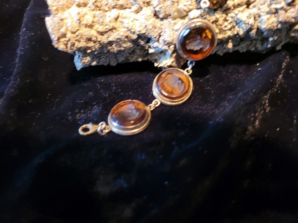 Ring + Bracelet Set With Silver Vermeillé Frame And Amber Glass Intaglio Decoration  -photo-2