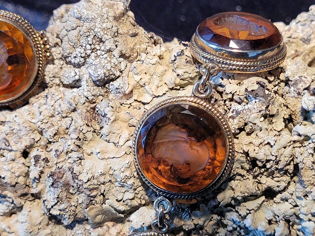 Ring + Bracelet Set With Silver Vermeillé Frame And Amber Glass Intaglio Decoration  -photo-4