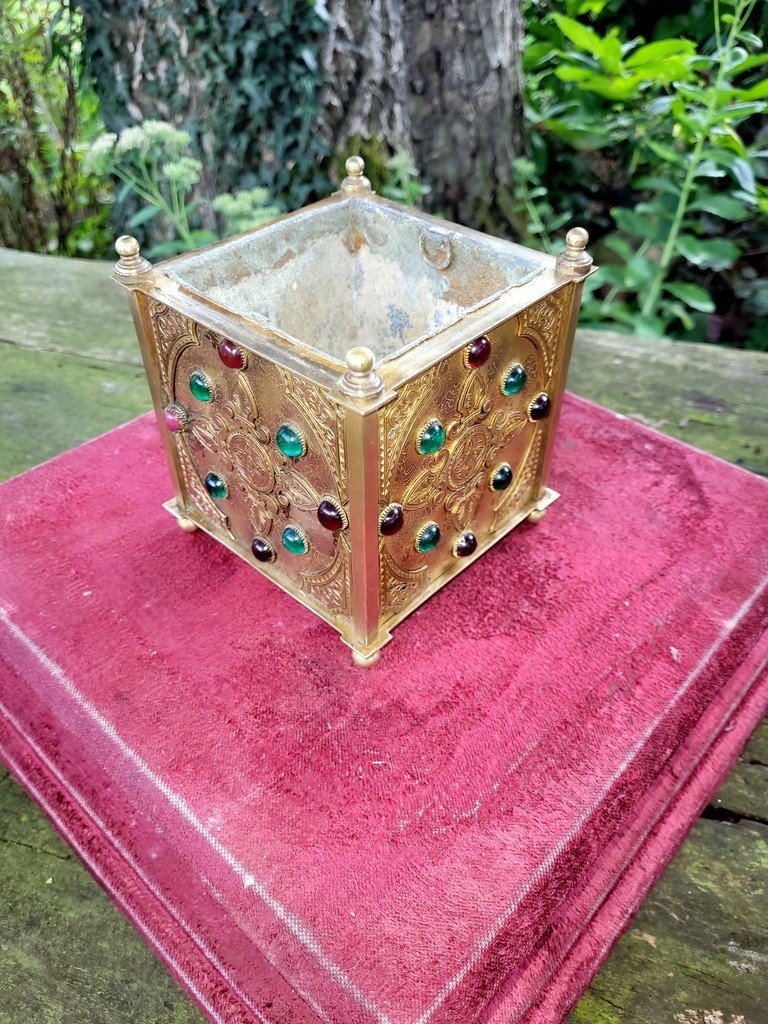 Cache Pot en bronze avec Cabochons en Verroterie - XIXe Siècle-photo-4